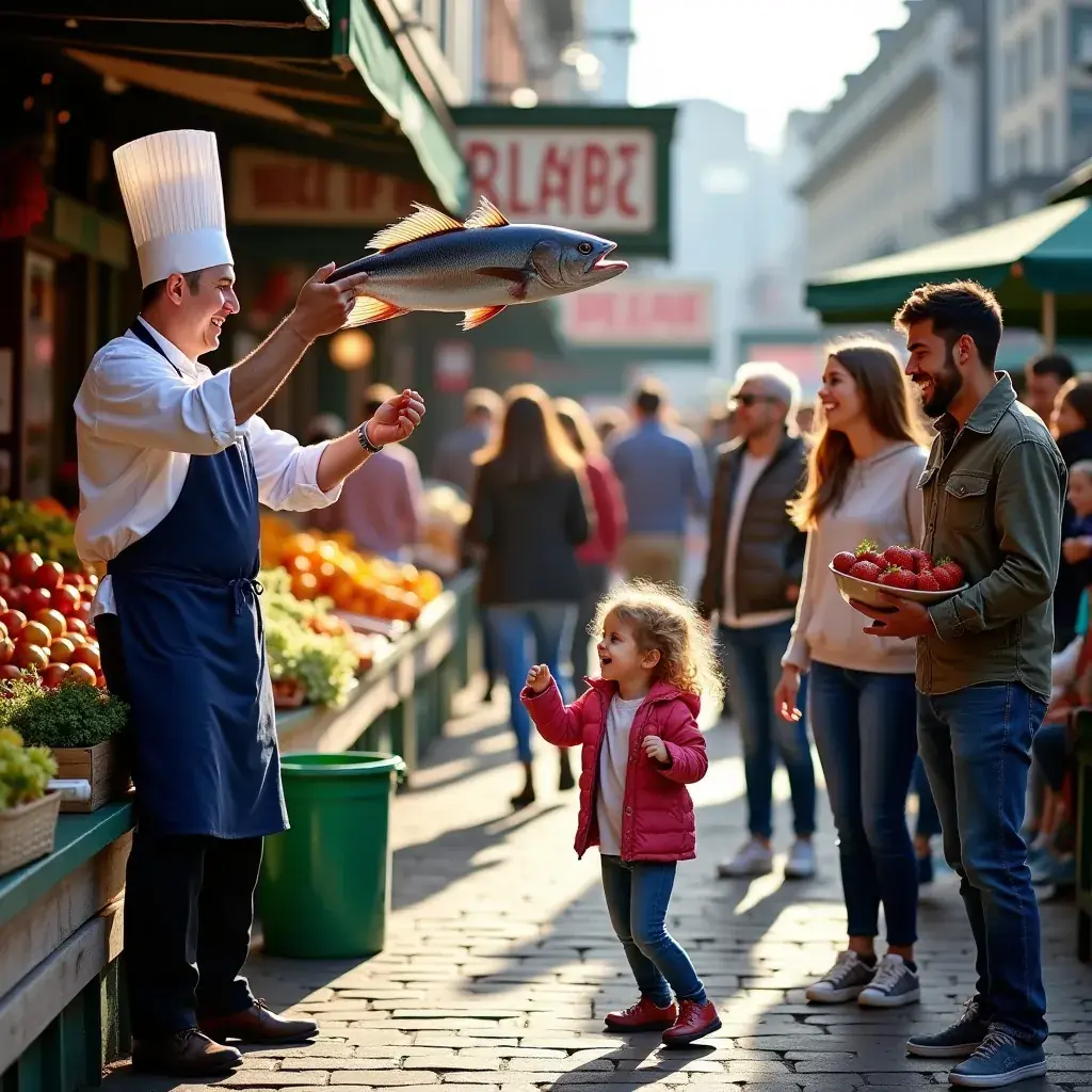 Яркий рынок Пайк Плейс с свежими цветами и овощами